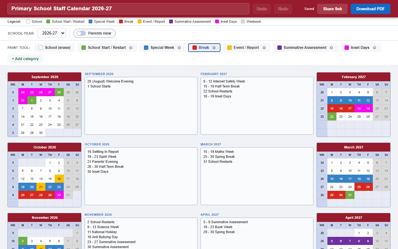 Calendar: a full school academic-year calendar with colour-coded day types and month notes