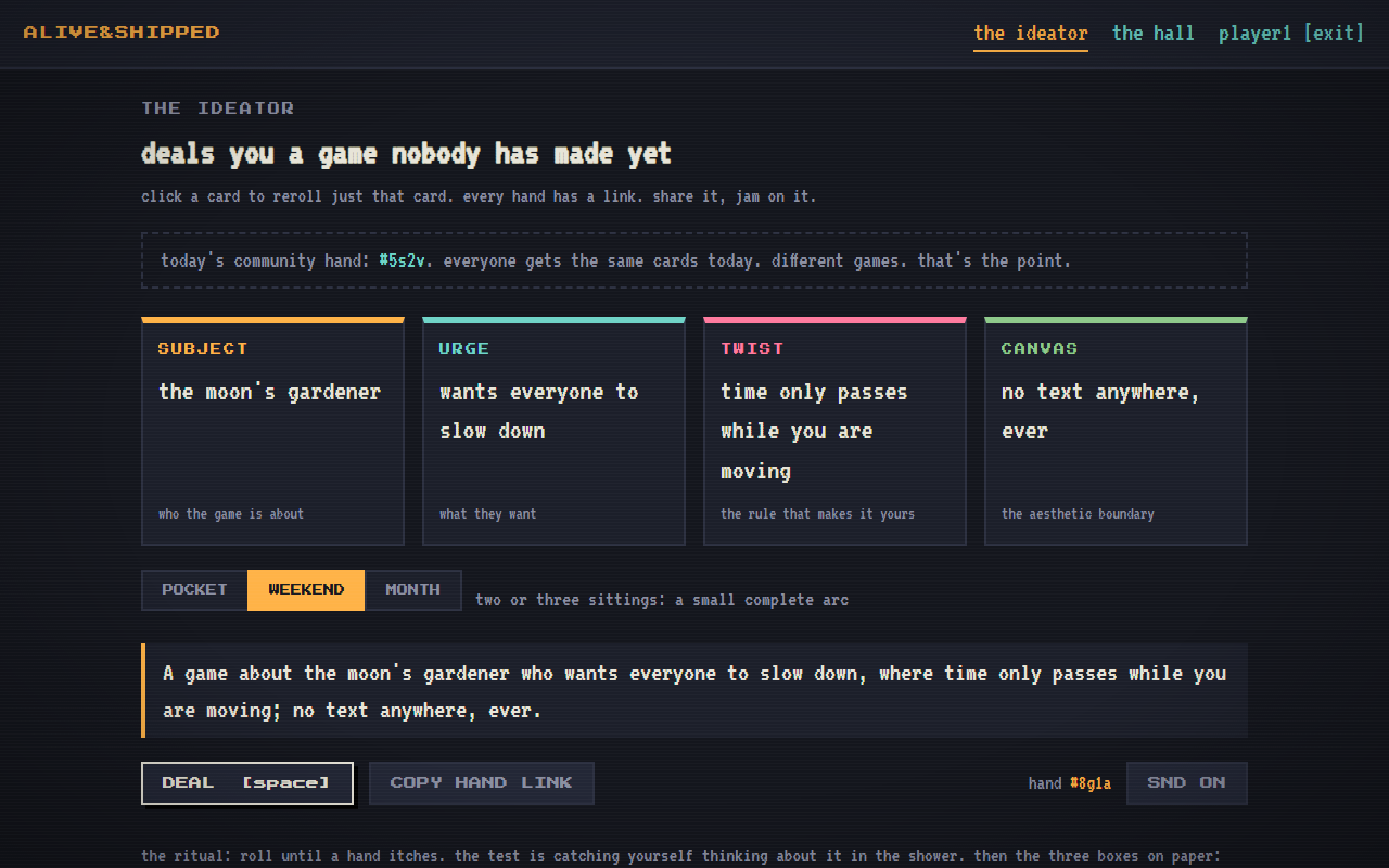 The pygame course idea generator: four cards that deal a game concept nobody has built