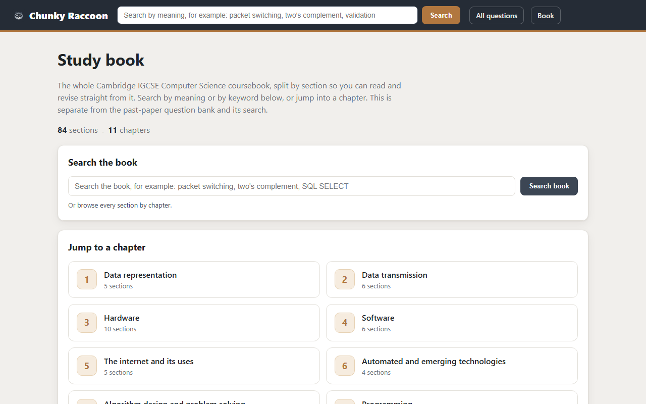 Raccoon: the digitalized coursebook, searchable by meaning, split into chapters and sections