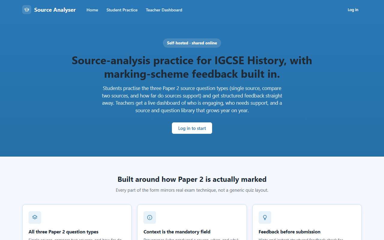 Source Analyser: IGCSE History Paper 2 source-analysis practice with marking-scheme feedback