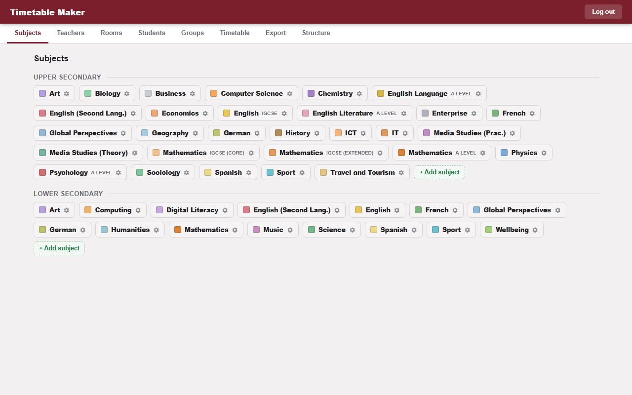 Timetable Maker: managing subjects across upper and lower secondary before generating a schedule